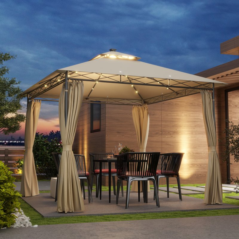 Outsunny 3 x 3 m Garden Gazebo, Double Roof Metal Gazebo with Curtains and Solar-Powered LED Lights, Outdoor Canopy Shelter for Patio, Deck, Beige