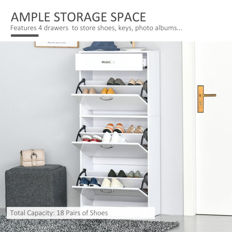 HOMCOM Shoe Cabinet with 3 Flip Drawers, High Gloss Shoe Storage Cabinet with Top Drawer and Adjustable Shelves, Shoe Cupboard for 18 Pairs