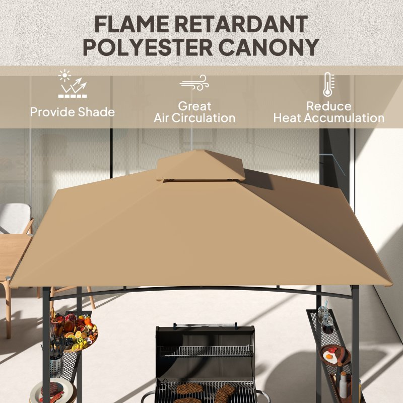 Outsunny 2.5x1.5m (8'x5') Grill Gazebo Canopy, Double Tiered Outdoor BBQ Gazebo Shelter with 2 Side Shelves for Garden, Patio, Barbecue, Picnic, Khaki