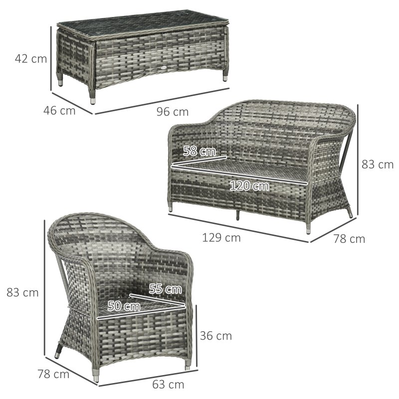 Outsunny 4 Pieces Outdoor PE Rattan Garden Furniture with Cushions, Patio Special Hand Weave Wicker Conservatory Sofa Set with Glass Top Coffee Table, Orange