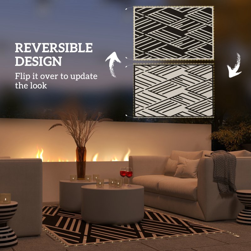 Outsunny Reversible Outdoor Rug with LED String Lights, Waterproof Plastic Straw Mat with Carry Bag for Garden, Deck, RV, Picnic, Beach, Camping, 182 x 274cm, Black and Coffee