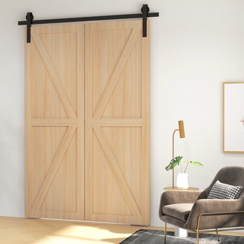 HOMCOM 5FT/152.5CM Bi-Folding Sliding Barn Door Hardware Track Kit, Heavy Duty Sliding Door Kit for 2 Doors with J Shape Hanger