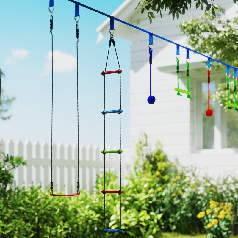 AIYAPLAY Zip Line Kit for Kids, 10-Piece Outdoor Obstacle Course for Kids, 10m Kids Slackline Kit with Monkey Bars, Swing, Climbing Ladder, Hanging Tray, Metal Rings, Gripping Balls, Multicoloured