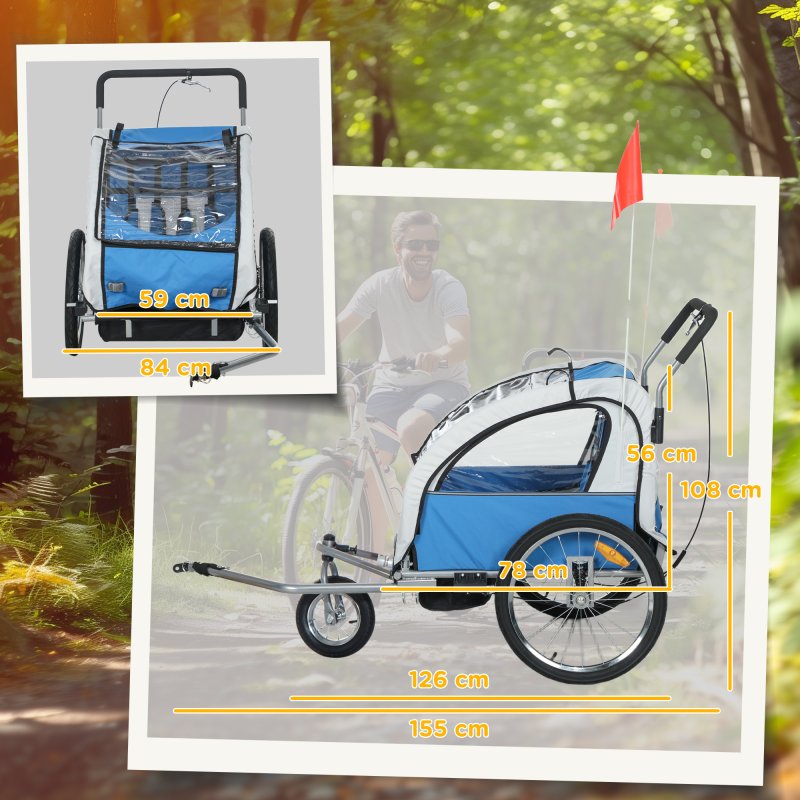HOMCOM 2 Seat Bike Trailer for Kids, Baby Bike Stroller with 5 Point Harness, Child Bicycle Trailer with Safety Flag, Reflectors, Windproof Curtain, for 18+ Months, Blue