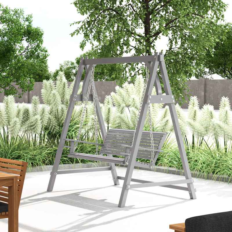 Outsunny 2 Seater Garden Swing Seat, Wooden Swing Chair Bench with Cup Holders for Outdoor Porch Patio, Grey