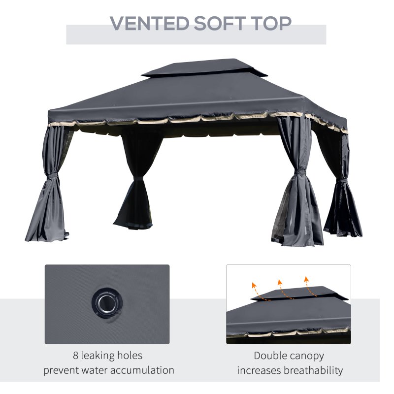 Outsunny 3 x 4m Aluminium Garden Gazebo, Marquee Canopy Shelter Pavilion Party Tent with Nets and Curtains for Garden and Deck, Black
