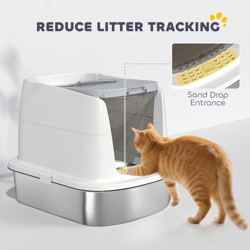 PawHut Stainless Steel Litter Box with Lid, Large Hooded Cat Litter Tray with Flip Cover, Metal Scoop, Deodoriser Bag, Non-Sticky, Odour Control and Easy Clean, White