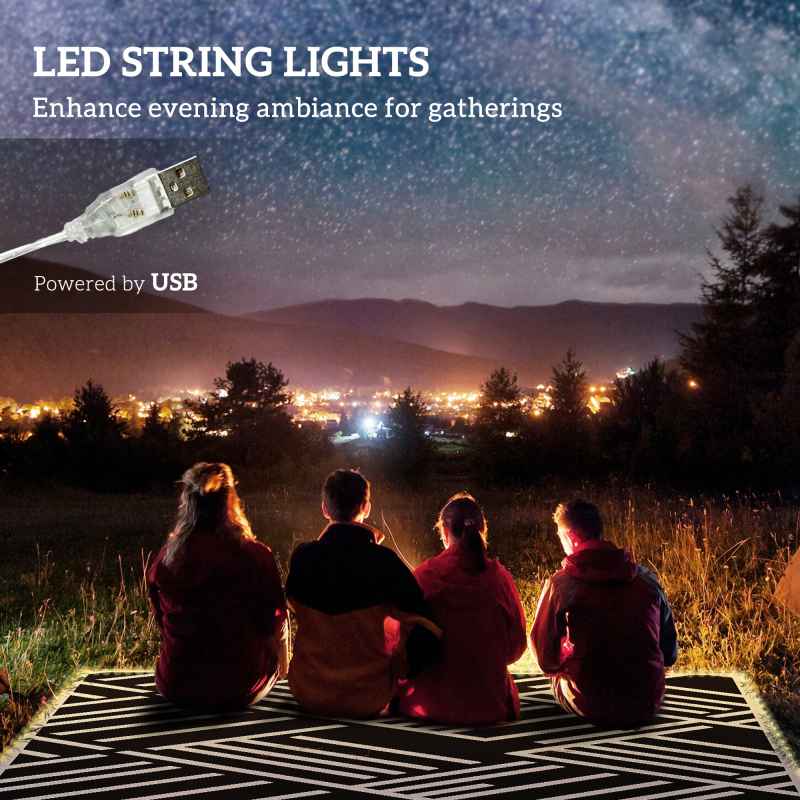 Outsunny Reversible Outdoor Rug with LED String Lights, Waterproof Plastic Straw Mat with Carry Bag for Garden, Deck, RV, Picnic, Beach, Camping, 182 x 274cm, Black and Coffee