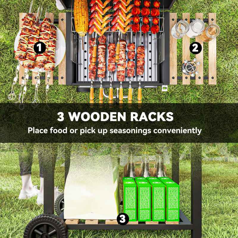 Outsunny Charcoal BBQ Grill with Height Adjustable Charcoal Pan, Portable Barbecue Smoker with Warming Rack, 3 Shelves, Temperature Gauge, Wheels, Bottle Opener for Outdoor Cooking Garden Party