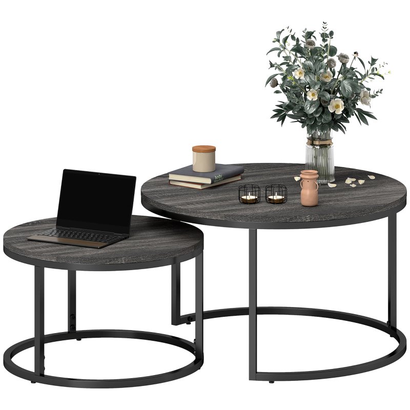 HOMCOM Round Nesting Coffee Table Set of 2, Large Stacking End Side Table with Steel Frame for Living Room, Bedroom, Home Office, 78.5 x 78.5 x 46.5 cm, Black