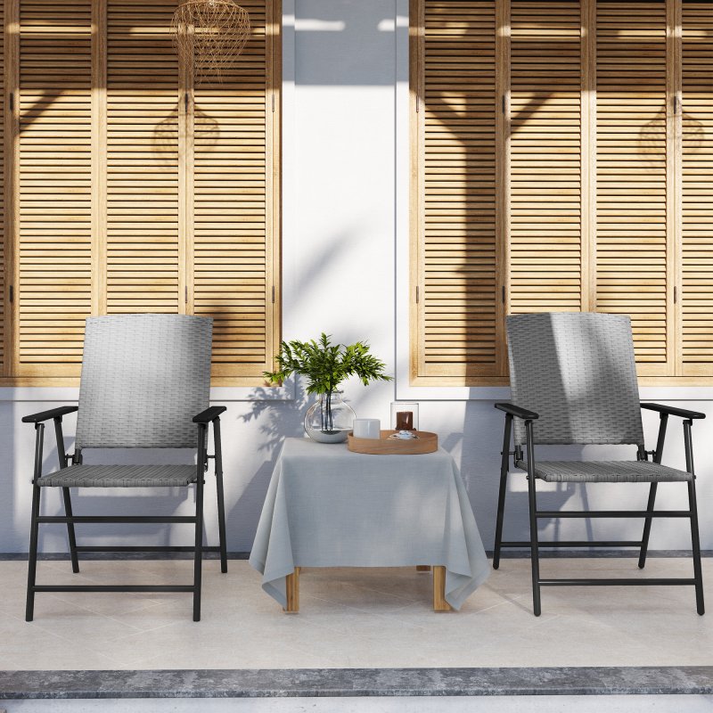 Outsunny Folding Garden Chairs Set of 2, PE Rattan Garden Dining Chairs with Armrests, High Back and Steel Frame, Weather Resistant Outdoor Dining Furniture for Patio, Balcony, Grey