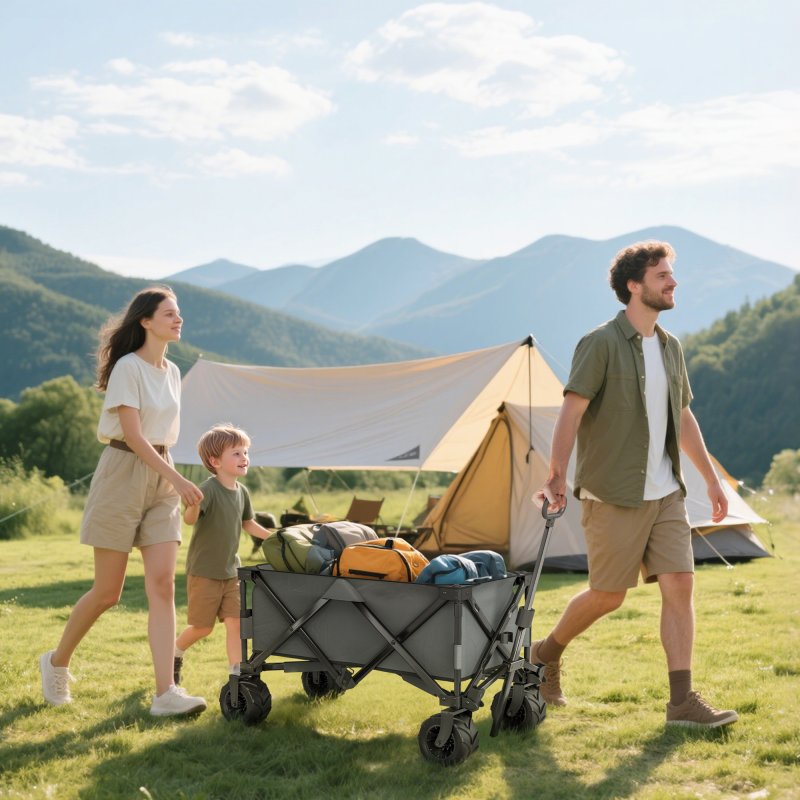 Outsunny 140L Festival Trolley on Wheels, Folding Camping Trolley Cart with Telescopic Handle, Big Wheels for Outdoor Garden Beach Fishing, Dark Grey