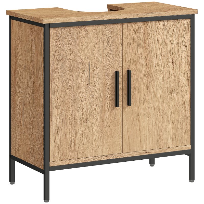 HOMCOM Under Sink Bathroom Cabinet, Industrial Freestanding Under Sink Cabinet with 2 Doors, Adjustable Shelf and Steel Frame for Basin without or with Pedestal, Oak
