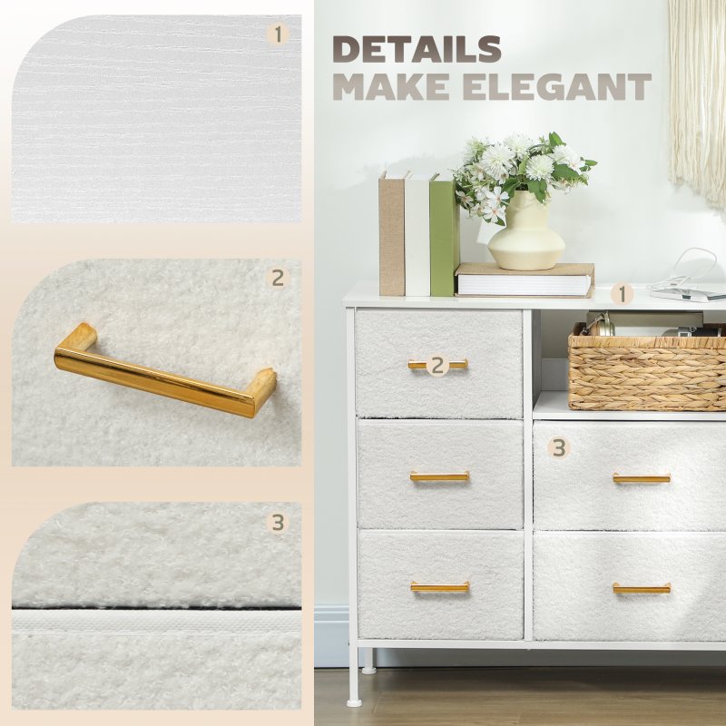 HOMCOM Boucle Chest of Drawers, 8 Fabric Drawers Storage Organiser with Charging Station, 2 USB and 2 AC Ports, Steel Frame, Fabric Dresser for Living Room, Bedroom, Hallway, Cream White