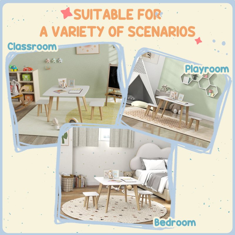 AIYAPLAY Kids Table and Chair Set, 3-Piece Toddler Furniture Set, Activity Play Table Chair Set for Playroom, Bedroom, Nursery, Classroom, for Ages 3-8 Years, White