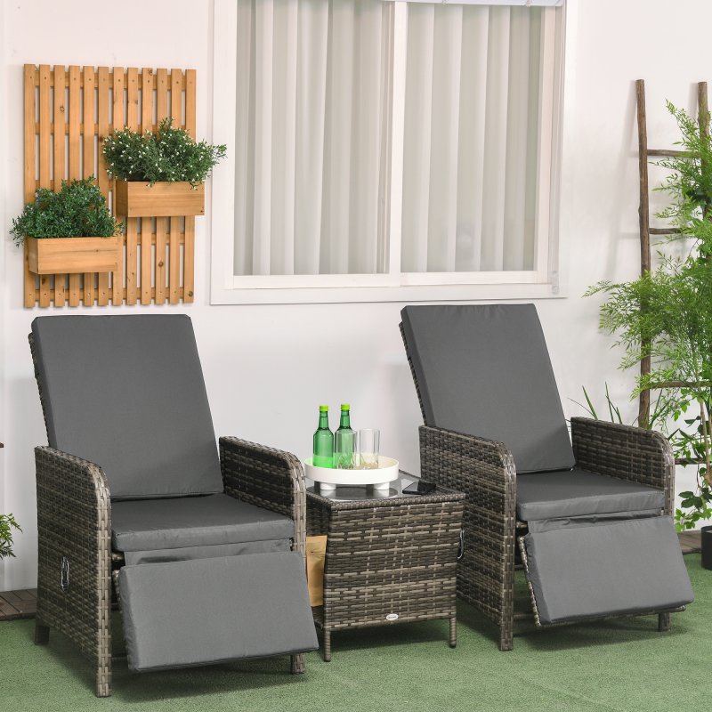 Outsunny 3 Pieces Garden Rattan Bistro Set with Adjustable Backrest, Balcony Conversation Furniture Set with 2 Armchairs Tempered Glass Coffee Table, Cushions, Storage Function - Mix-Grey