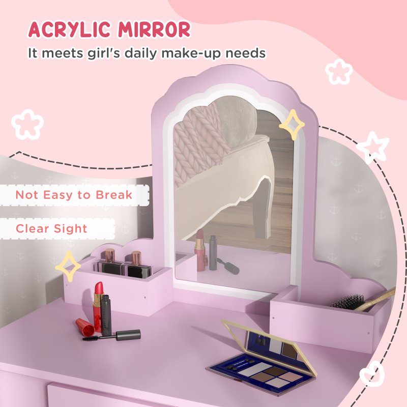 ZONEKIZ Kids Dressing Table, Kids Vanity Table, Girls Dressing Table with Mirror, Stool, Drawer, Storage Boxes, Cloud Design, for Ages 3-6 Years - Pink