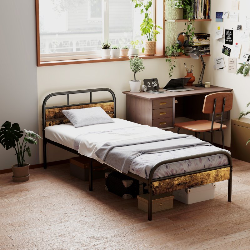 HOMCOM 3ft Single Bed Frame with Headboard, Platform Bed Frame with Underbed Storage, Slat Support, No Box Spring Needed, Easy Assembly, Rustic Brown
