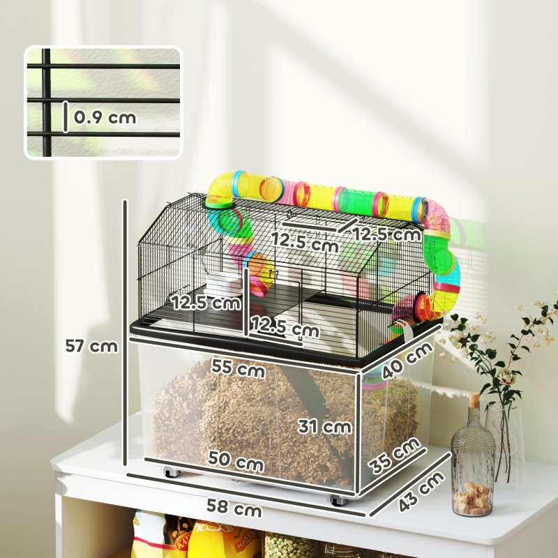 PawHut Hamster Cage, 2 Tier Gerbil Cage with 31cm Deep Tray, Tube System, Water Bottle, Ramp, Feeding Bowl, 58 x 43 x 57cm, Multicoloured