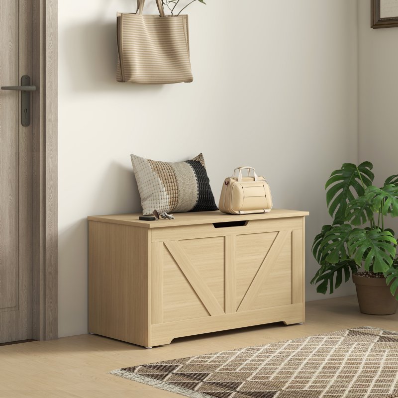 HOMCOM 100L Storage Chest, Storage Trunk with 2 Safety Hinges and U-shaped Cut-out Pull, Organiser Box for Living Room, Entryway, 80 x 40 x 45 cm, Natural Wood Finish