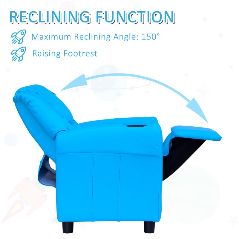 HOMCOM Kids Recliner, PU Leather Kids Armchair, Child Chair, Toddler Armchair with Adjustable Backrest, Footrest, Padded Headrest, Cup Holder, Blue