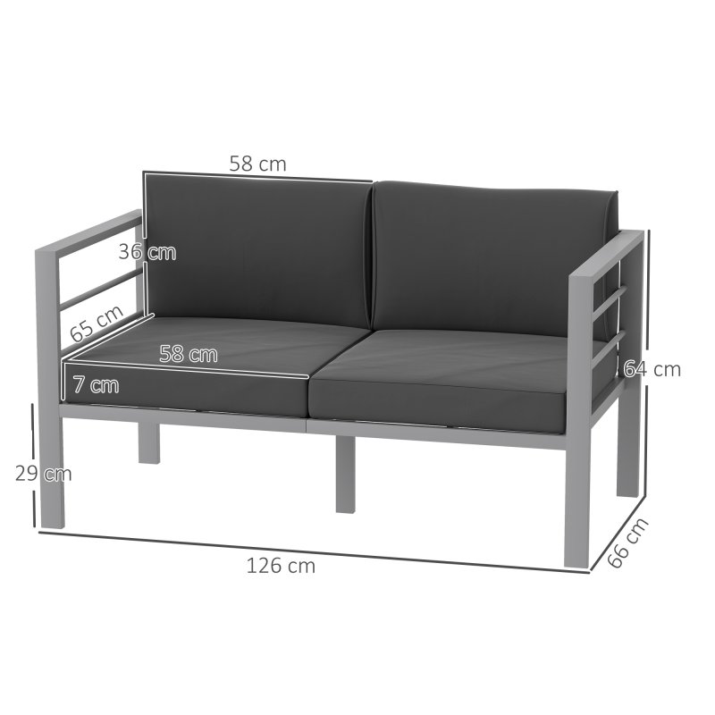 Outsunny 2 Seater Garden Sofa, All-Weather Garden Loveseat with Removable Cushions, Metal Frame Outdoor Furniture for Balcony, Charcoal Grey