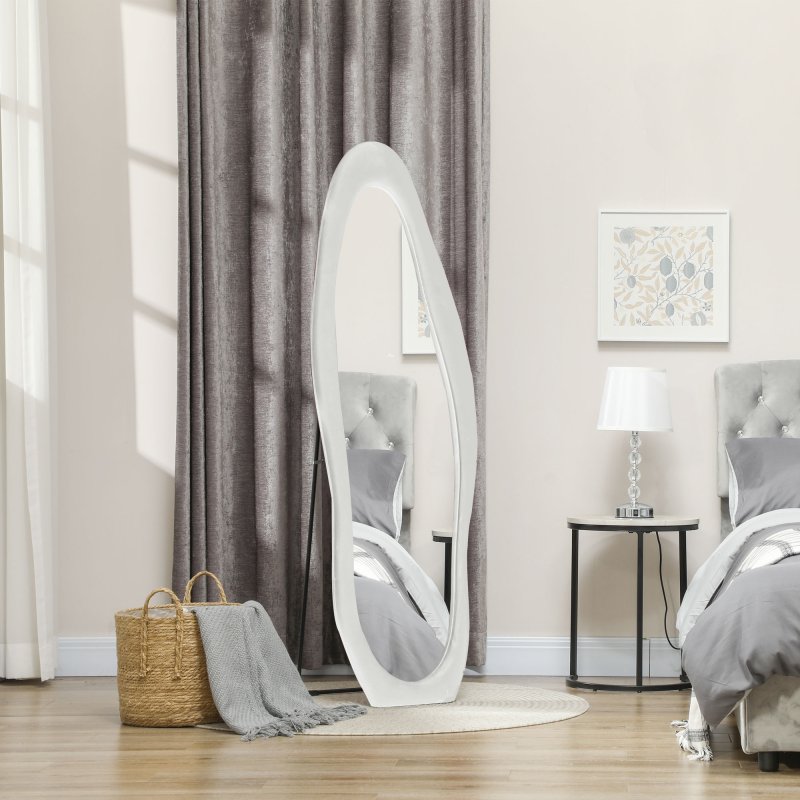 HOMCOM Irregular Wavy Mirror Full Length 160x50cm, Arched Floor Standing Mirror, Leaning or Wall Mounted, Velvet Wrapped Floor Mirror for Bedroom, Living Room, White