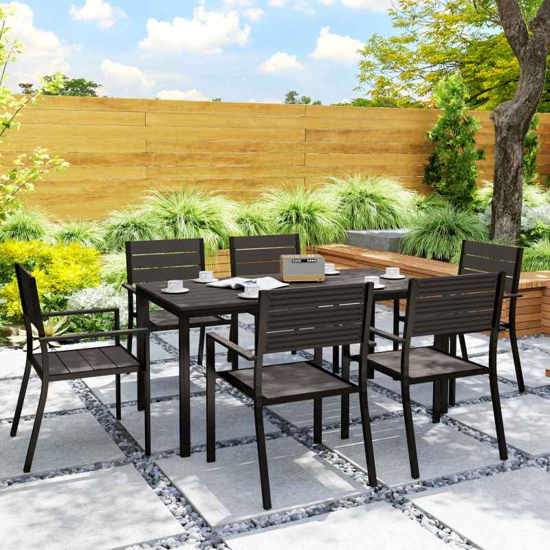 Outsunny 7 Piece Garden Furniture Set, 160 x 80 cm Rectangle Table and 6 Stackable Chairs Set, Outdoor Dining Set for Balcony, Deck, Dark Brown