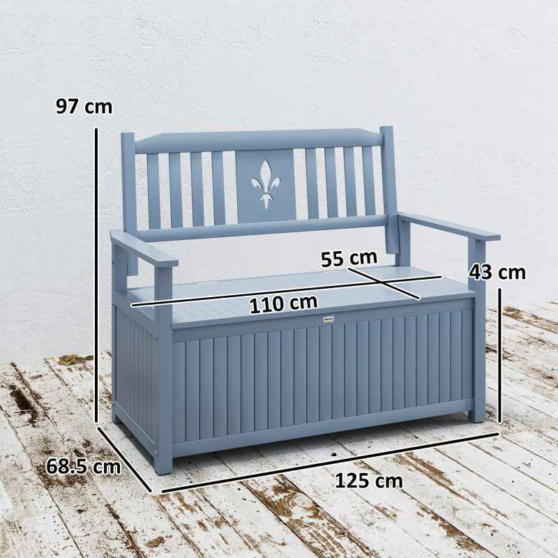 Outsunny 2 Seater Garden Storage Bench, 164L Outdoor Storage Box with Backrest Flower Pattern, Wooden Garden Bench with Armrests, 125 x 68.5 x 97cm, Grey