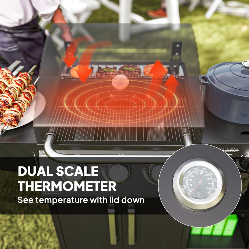 Outsunny 3+1 Burner Gas BBQ Grill with Storage Cabinet and Shelves, 9.5 kW Gas Barbecue Trolley with 6 Castor Wheels, Warming Rack, Thermometer for Outdoor Cooking Garden Party, Black