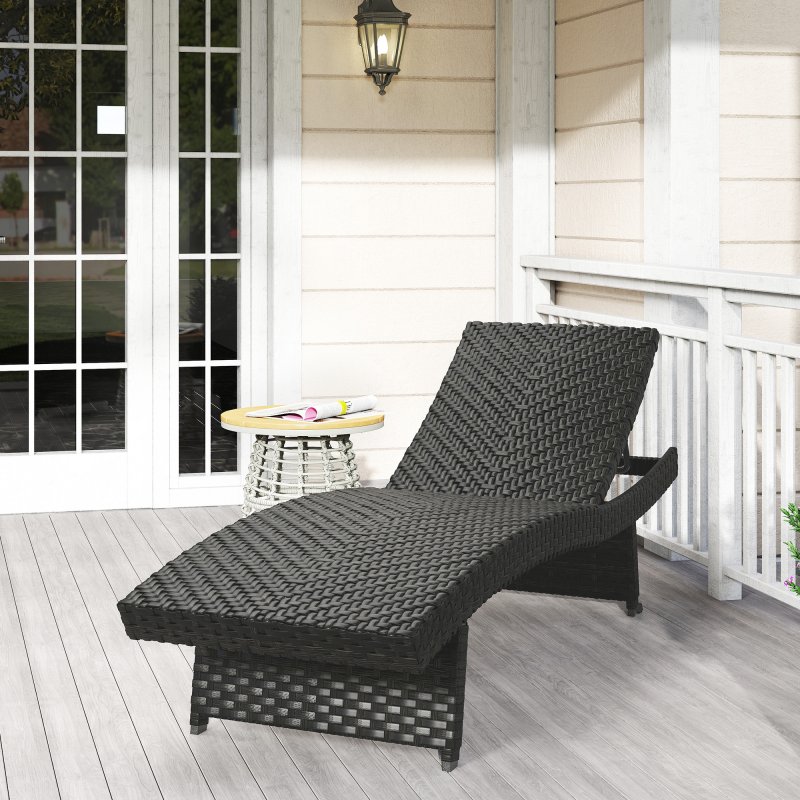 Outsunny Outdoor PE Rattan Sun Lounger, Folding Wicker Garden Lounger Recliner with 4-Level Adjustable Backrest, Rolling Sunbed Lounge Chair with Wheels, Non-Slip Legs for Balcony, Beach, Black