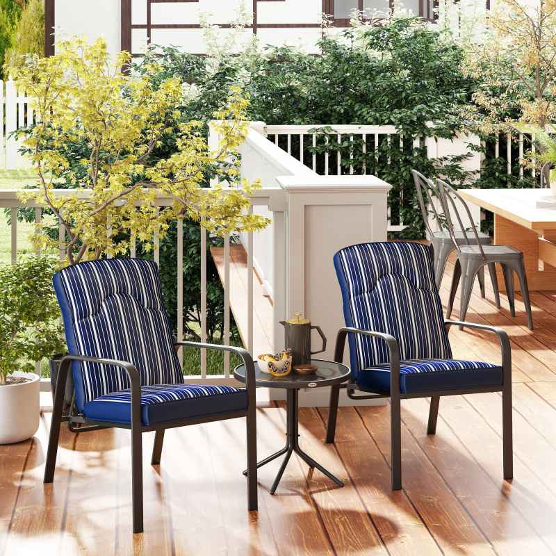 Outsunny 3-Piece Patio Bistro Set, 5-Position Adjustable Recliner Garden Chairs and Tempered Glass Table, Garden Furniture Set with Cushions, High Back, Armrests, Metal Frame for Balcony Patio, Blue