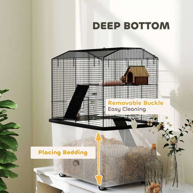 PawHut Hamster Cage, Gerbil Cage 3 Tier with Wheels, Deep Bottom, Ramps, Food Dish, Water Bottle, for Dwarf, Syrian, 57 x 43 x 74cm - Black
