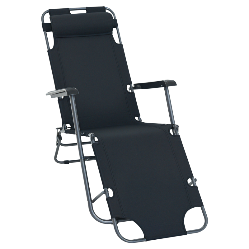 Outsunny 2 in 1 Folding Sun Lounger Reclining Garden Chair with 2-Level Adjustable Backrest, Outdoor Zero Gravity Recliner Garden Chair with Head Pillow and Armrests, Black