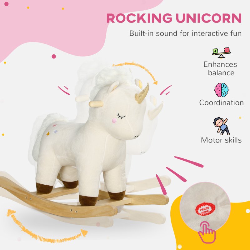 AIYAPLAY Rocking Horse, Kids Ride On Horse with Unicorn Design, Sounds, Plush Ride On Toy for Ages 2-4 Years, White