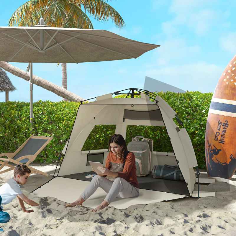 Outsunny Pop Up Tent Beach Tent for 2-3 Person, UPF15+ Easy Set Up Sun Shelter with Extended Floor, Sandbags, Mesh Windows and Carry Bag, Khaki