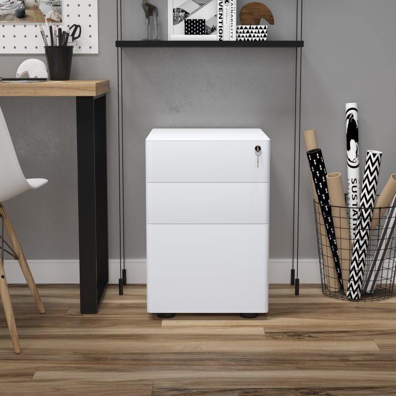 Vinsetto 3-Drawer Mobile Filing Cabinet, Steel Lockable File Cabinet for A4, Legal, Letter, Compact Under Desk Storage Unit with Pre-Assembled Body Except Wheels for Home Office, 39 x 48 x 59cm, White