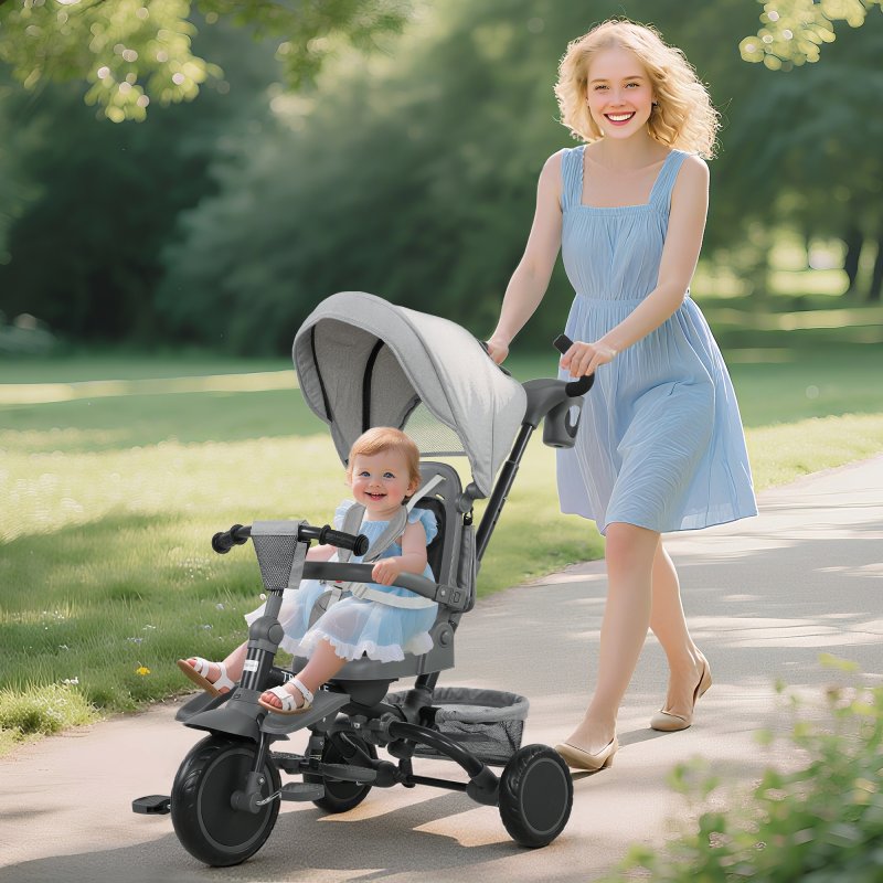 AIYAPLAY Kids Trike, 6 in 1 Toddler Tricycle with Adjustable Parent Handle & Canopy, Convertible Seat, for Ages 1-5 Years, Foldable Baby Trike with Safety Harness, Storage Basket & Bag, Grey