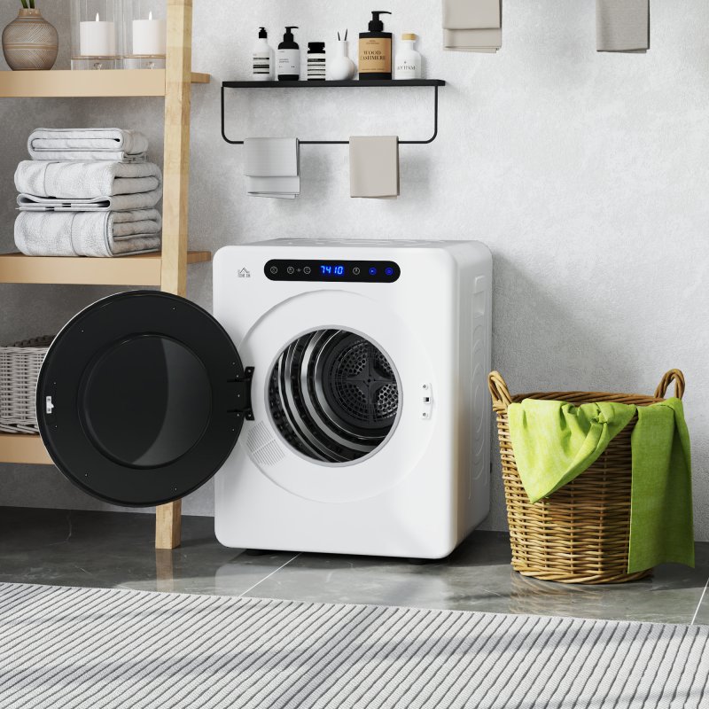 HOMCOM 4kg Vented Tumble Dryer, 1000W Compact Freestanding Front Tumble Dryer with Stainless Steel Tub, Timer, 6 Heat Settings, Small Portable Clothes Drying Machine, White