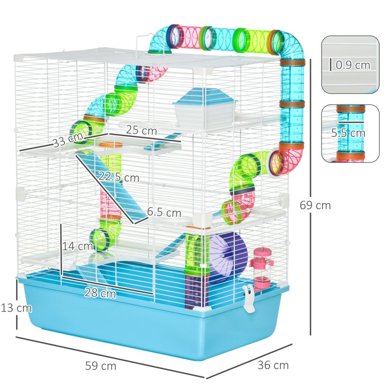 PawHut 5 Tier Hamster Cage, Gerbil Cage with Tube, Water Bottle, Exercise Wheel, Food Dish, 59L x 36W x 69H cm - Light Blue