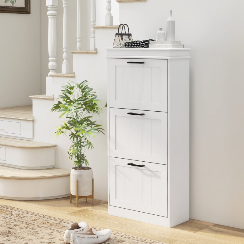 HOMCOM 3 Drawers Entryway Shoe Cabinet, Narrow Shoe Storage Cabinet with 3 Flip Drawers and Adjustable Shelves for 15 Pairs of Shoes, White