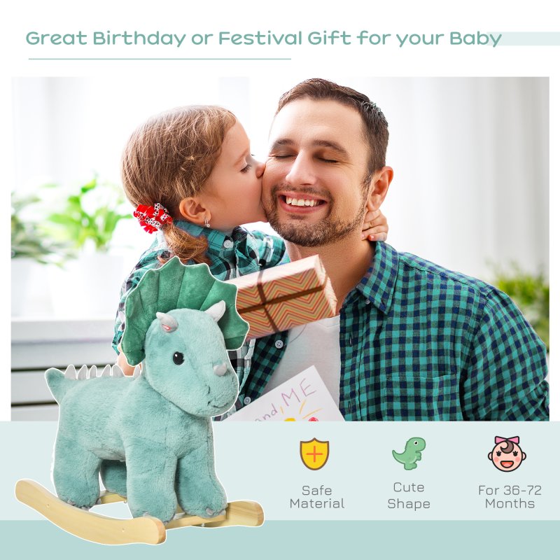 HOMCOM Kids Toddler Rocking Horse Plush Ride On Triceratops Rocker Wooden Base W/ Sound for 3-6 Years Green