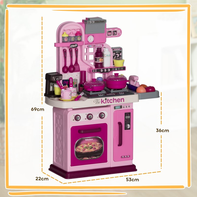 AIYAPLAY Kids Kitchen, Toy Kitchen, Toddler Pretend Play Kitchen with 33-Piece Accessories, Lights, Sounds, for Ages 3-6 Years, Pink