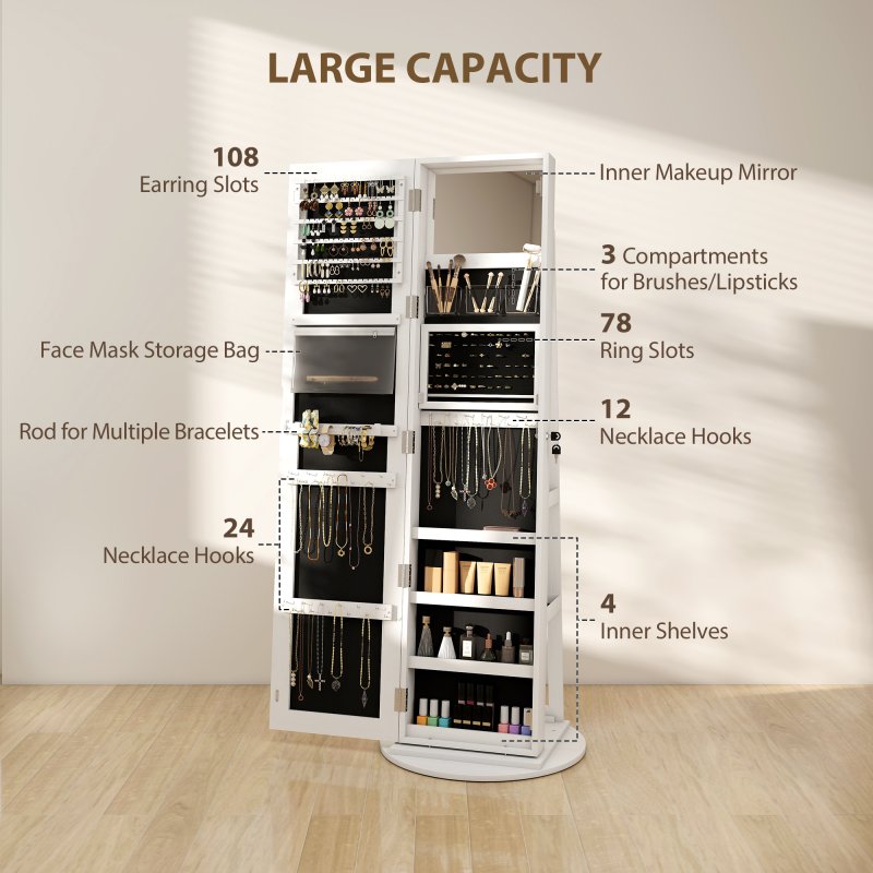 HOMCOM 360 Swivel Mirror Jewellery Cabinet with 3 Colour LED Lights, Lockable Jewellery Organiser, Free Standing Full Length Mirror with Storage for Earrings, Necklaces, Rings and Lipsticks, White