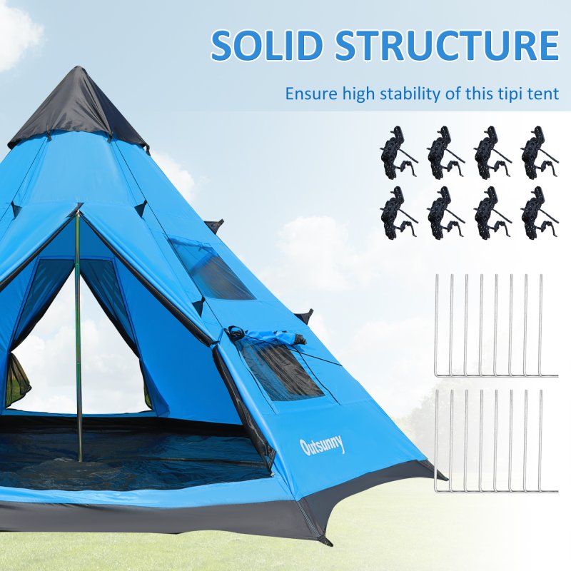 Outsunny 6 Men Tipi Tent, Camping Tent with Mesh Windows, Sewn-in Floor, Two Doors and Carry Bag, Easy Set Up, for Hiking Picnics Outdoor Night, Blue