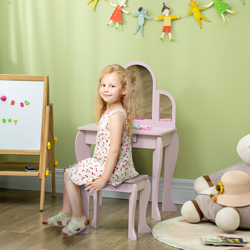 HOMCOM Kids Dressing Table and Stool Kids Vanity Set Makeup Desk w/ Mirror, Drawer, for Ages 3-6 Years - Pink