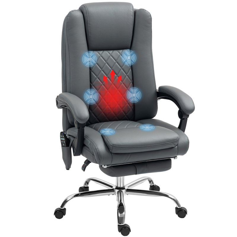 HOMCOM Executive Office Chair with 6-point Massage and Heat, PU Leather Reclining Desk Chair with Tufted High Back, Height Adjustable, Swivel Wheels, Footrest, for Home, Light Grey