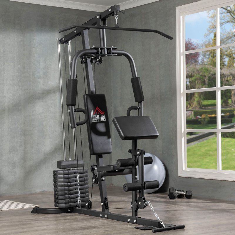 HOMCOM Multi Gym with Weights, Multifunction Home Gym Machine with 45kg Weight Stack, for Lat Pulldown, Leg Extensions, Preacher Bicep Curls, Triceps Pulldowns, Chest Press, Strength Training