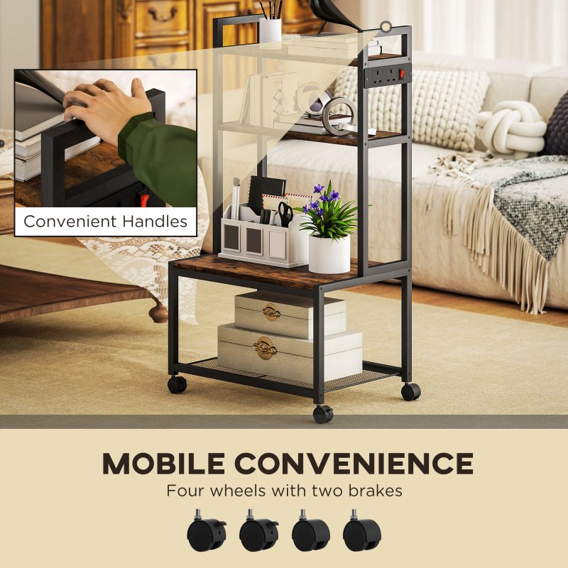 HOMCOM 4-Tier Printer Stand with Power Outlets, Mobile Printer Table with Wheels and Metal Frame for Home Office, Study, Rustic Brown
