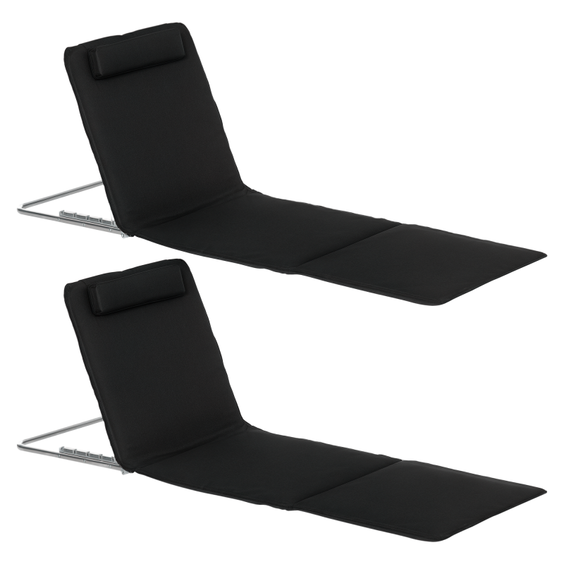 Outsunny Set of 2 Foldable Garden Beach Chair Mat Lightweight Outdoor Sun Lounger Seats Adjustable Back Metal Frame PE Fabric Head Pillow w/ Carry Bag, Black
